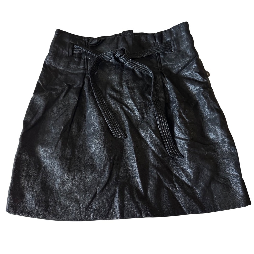 Free People Faux Leather Skirt Paperbag Waist Tie Belt Black Skirt Size 8 (G) - Picture 2 of 13